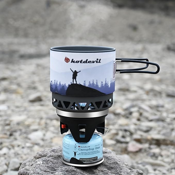 1.2L Backpacking Camping Stove Cooking System with Piezo Ignition Outdoor Portable Burner with Pot &amp Brackets Camp Stove Camping Stove Kit Propane Ideal for Hiking Fishing Hunting