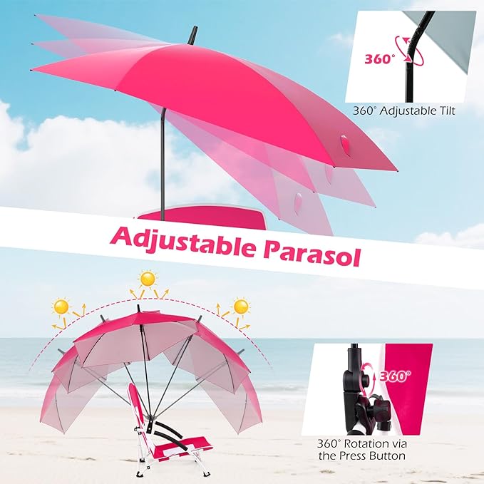GYMAX Folding Beach Chair 330lbs Low Seat Camping Chairs with Removable Adjustable Umbrella Carry Bag Armrests Anti-Slip Foot Pads Lightweight Mesh High Back for Lawn BBQ Sport Event (1Pink)