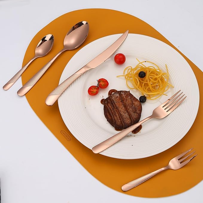 Hammered Flatware Set Copper/Rose Gold Silverware 20 Piece Stainless Steel Service for 4 Forks Knives Spoons Heavy Thickened Handle Elegant Modern Design Kitchen Use Festival Parties