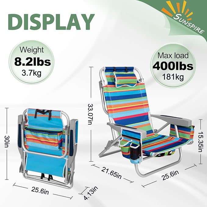 2Pk Aluminum 5-Position Lay Flat Folding Backpack Beach Chairs for Adults with Cooler Bag Cup&ampPhone Holder Towel Bar for Outdoor Lawn Picnic Sport Portable Foldable Camping Chairs Multi Stripe