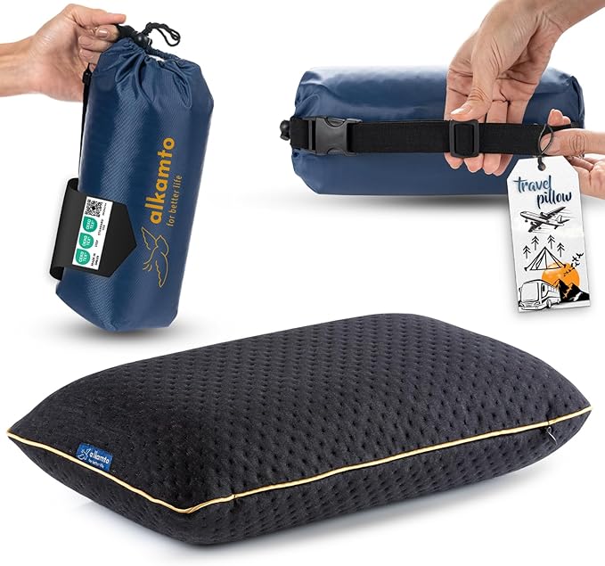alkamto Travel &amp Camping Comfortable Memory Foam Pillow – Easy to Carry Portable Bag – Temperature Regulating Pillow Case (Black)