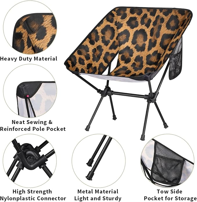 Honeybaby Folding Camping Chair Leopards Printed Camping Chairs Lightweight Portable Chair Outdoor Foldable Chairs for Camping Travel Picnic Beach Hiking