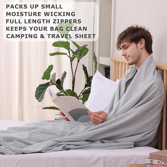 100% Cotton Sleeping Bag Liner with Full Length Zipper on 3 Sides Single/Double Adult Sleep Sack for Travel &amp Camping Multifunctional Travel Sheets (Unzipped 87”x87”) for Hotel Lightweight