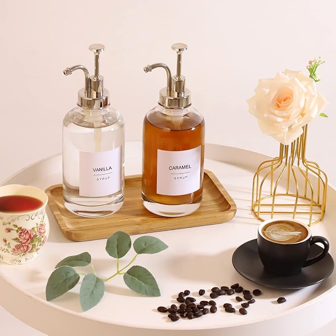 Glass Coffee Syrup Dispenser Bottles with 84 Labels (Set of 2) Coffee Pump Dispenser for Coffee Bar Accessories 16.9 oz Silver
