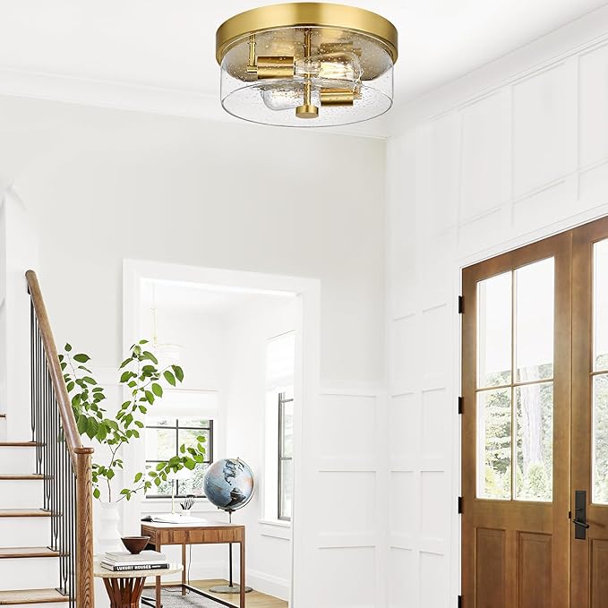 Flush Mount Ceiling Light Fixtures 2-Light Gold Ceiling Mount for Farmhouse with Seeded Glass Lampshade Industrial Flush Mount Light Fixture Farmhouse for Hallway Kitchen Entryway and Foyer