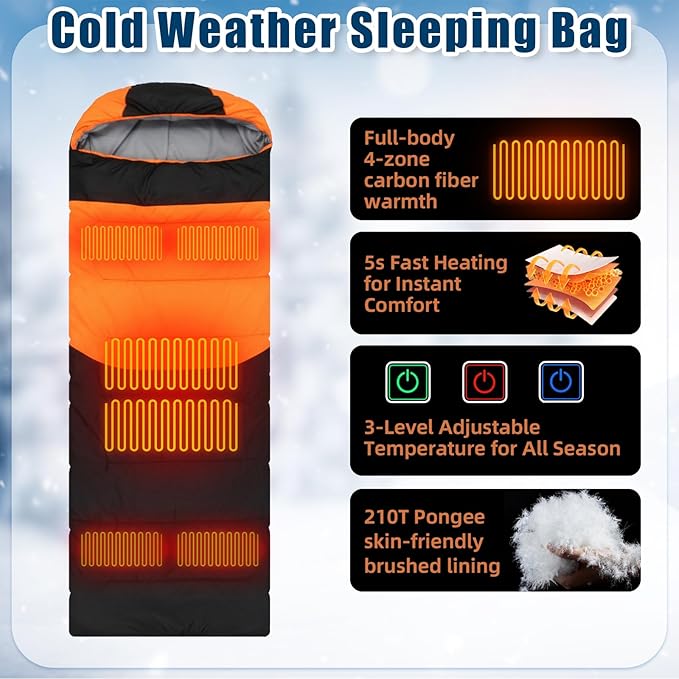 2 Pack Heated Sleeping Bag for Adults USB Electric Cold Weather Sleeping Bag with 4 Zone Carbon Fiber 3 Adjustable Heating Levels Waterproof for All Season Camping &amp Hiking