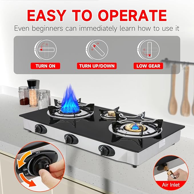 Propane Gas Cooktop3 Burners Gas Stove portable 0.28Tempered Glass Auto Ignition Camping 3 Burner LPG for RVApartmentsOutdoor