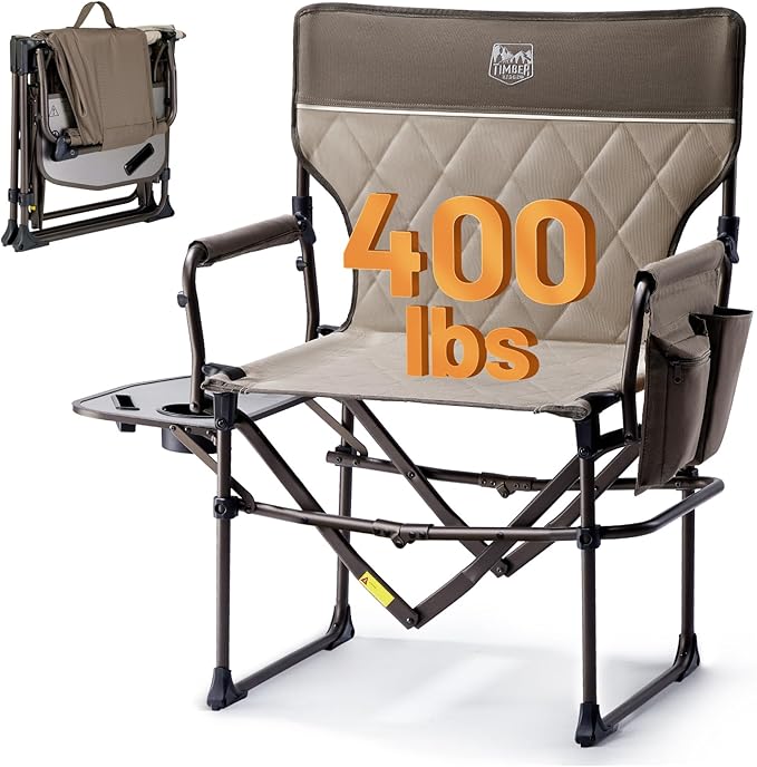 Timber Ridge Aluminum Camping Directors Chair with Side Table Pocket Portable Folding Heavy Duty Lawn Chair for Fishing Trip Picnic Concert Outdoor 400lbs Tan