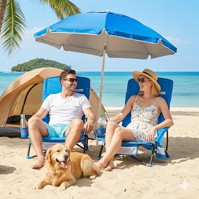 SUNNYFEEL Folding Beach Chair High Back Beach Chairs for Adults Lightweight Portable Camp Chair 300lbs Heavy Duty with Carry Bag Mesh Back Cup Holder for Outdoor Travel Picnic Concert Blue