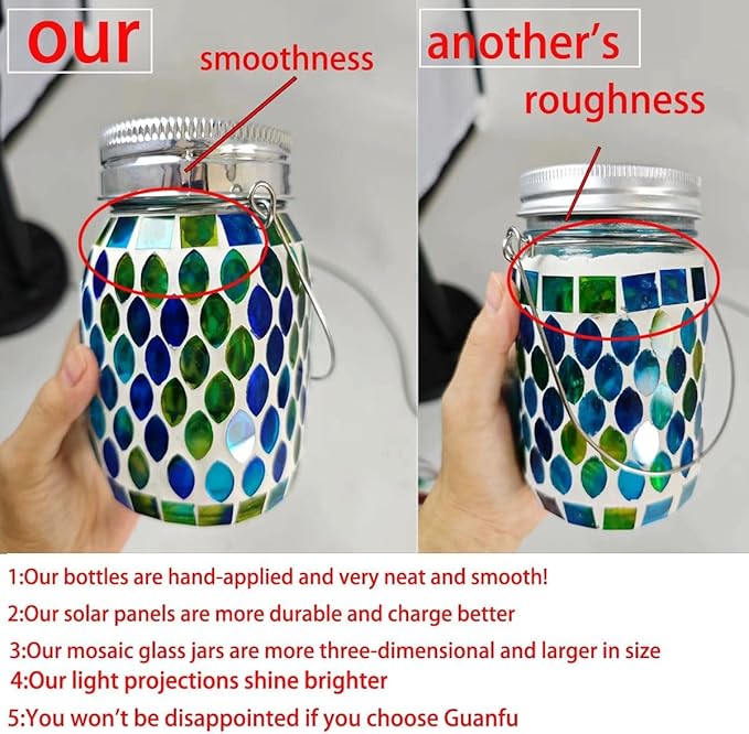 Solar Mosaic 2pack Outdoor Waterproof Cool Blue Mosaic jar Decor Christmas Gifts for Women Mom Grandma Halloween Hanging Solar Lights Decoration Outside for Yard PatioBackyardPorch (Contemporary)