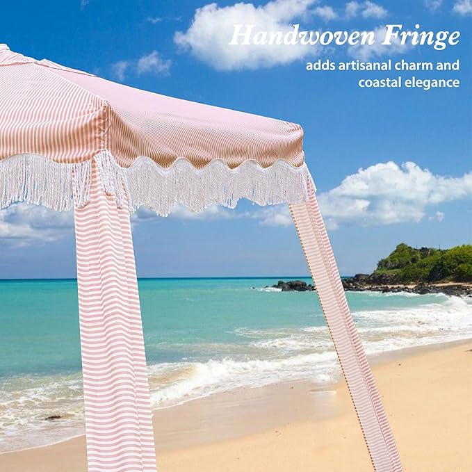 AMMSUN Beach Cabana with Fringe 6.5' x 6.5' Boho Beach Canopy with Tassels Easy Set up &amp Premium Wood Pole Cabana Tent with Sand Pockets Instant Sun Shade for Sand Garden Patio Pink Stripes