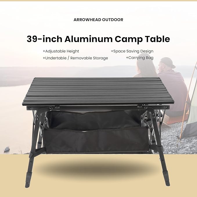 ARROWHEAD OUTDOOR 39 Aluminum Folding Camp Roll Up Table w/Adjustable Height Undertable Mesh Storage Carry Bag
