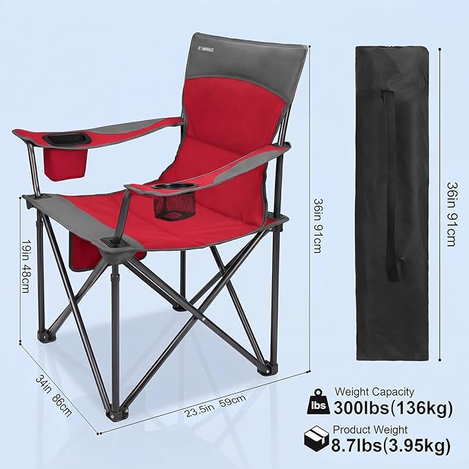 Oversized Camping Chair for Adults - 2 Pack Padded Lawn Chairs with Cup Holder &amp Side PocketHeavy Duty Folding Outdoor Chairs for CampSportsPicnicBeachRed