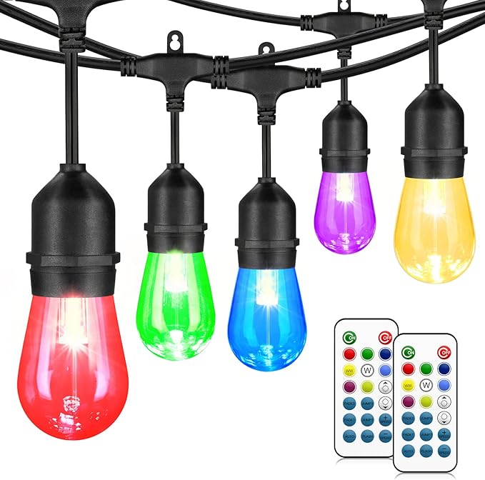 Mlambert 48FT Outdoor Patio Lights Waterproof Dimmable with Remote RGB Cafe LED String Light with 15 Shatterproof Bulbs for Bistro Party-Black 1 Pack