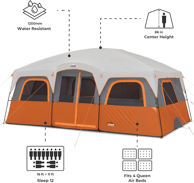 CORE Tent for Family Camping | 10 Person / 11 Person / 12 Person Large Multi Room Cabin Tents for Car Camping &amp Outdoor Adventures