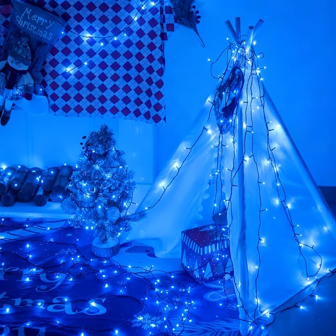 YEGUO Christmas Lights Battery Operated 2 Pack Each 33ft 100 LED Blue String Lights Outdoor Waterproof 8 Modes Green Wire Fairy Light Indoor with Remote