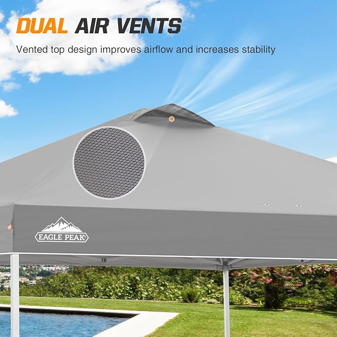 EAGLE PEAK Pop Up Canopy Tent with Wheeled Carry Bag 8 Stakes 4 Ropes 4 Weight Bags Easy Set Up Tent Canopy 10x10 ft 100sqft of Shade Light Gray