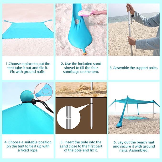 Beach Tent Sun Shelter UPF50+ 10x10 FT Family Beach Shade Canopy with 4 Aluminum Poles Beach Blanket Carrying Bag and Sand Shovel Outdoor Pop Up Tent for Beach Camping Trips
