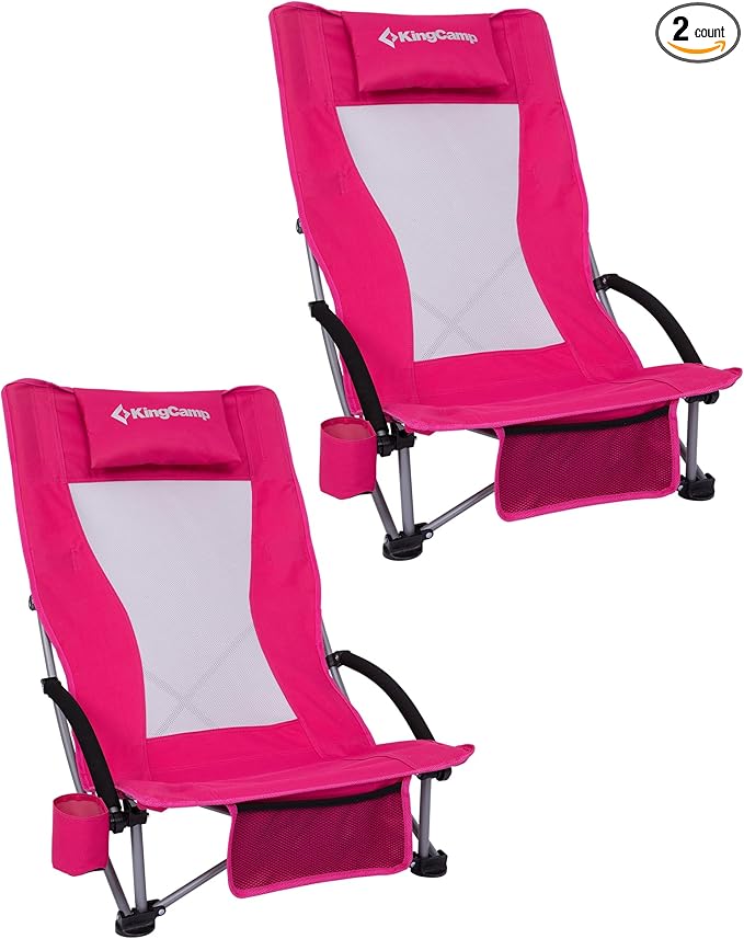 KingCamp Low Beach Chair High Back Folding Camping Chair for Adults Oversized Breathable Mesh Seat 300lbs Heavy Duty Portable Chair with Cup Holder &amp Storage Pockets for Beach Outdoor