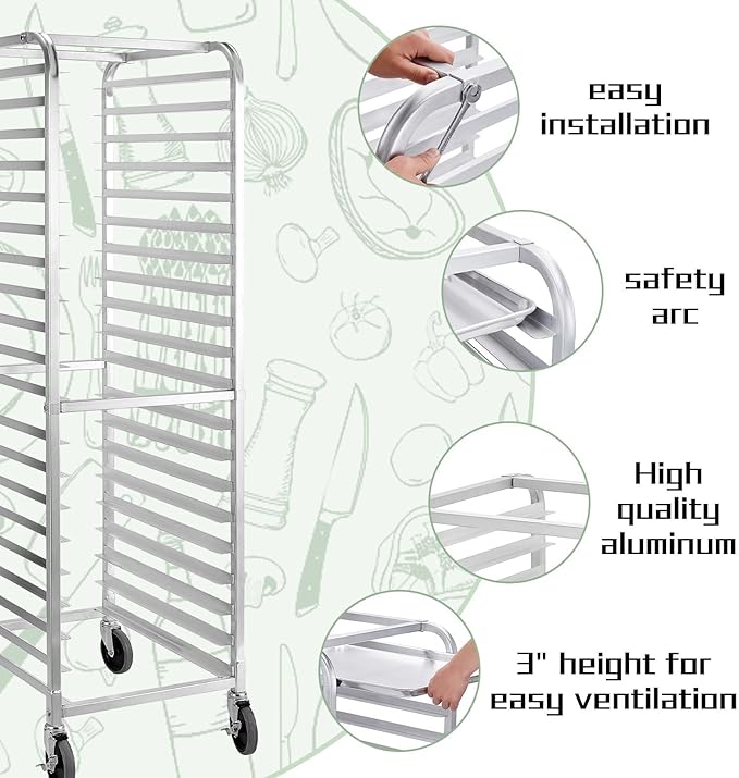 HALLY SINKS &amp TABLES H Bun Pan Rack 20 Tier with Wheels Commercial Bakery Racking of Aluminum for Full &amp Half Sheet - Kitchen Restaurant Cafeteria Pizzeria Hotel and Home 26 L x 20 W x