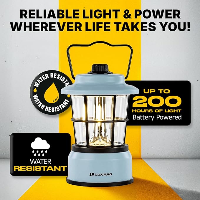 LUXPRO Retro LED Lantern - Battery-Powered Emergency Lantern - Water Resistant - Bright LED Lamp for Indoor &amp Outdoor Use - Use for Tents Hiking or Hurricane Prep (Blue Pack of 2)