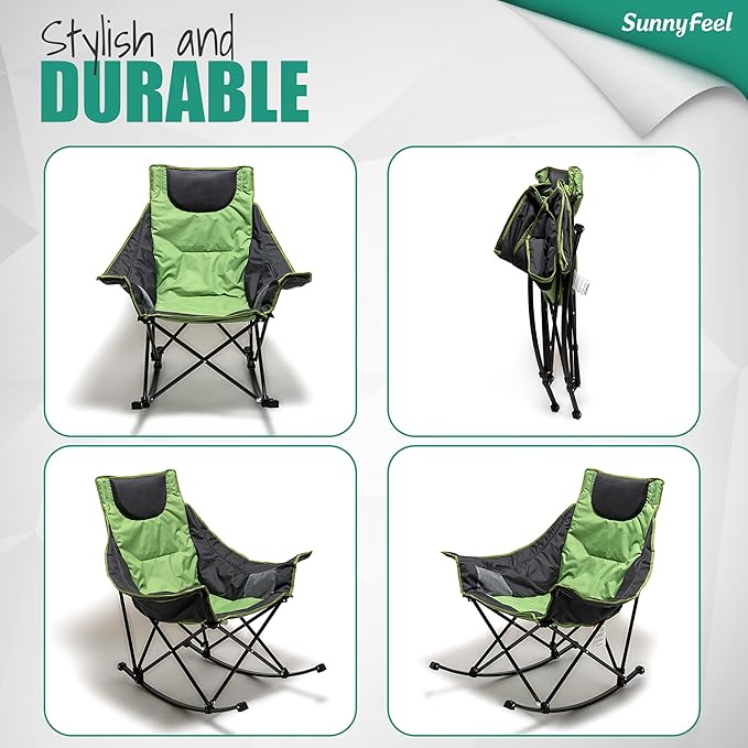 SUNNYFEEL Rocking Camping Chair Luxury Padded Recliner Oversized Folding Lawn Chair with Pocket Heavy Duty for Outdoor/Picnic/Lounge/Patio Portable Camp Rocker Chairs with Carry Bag