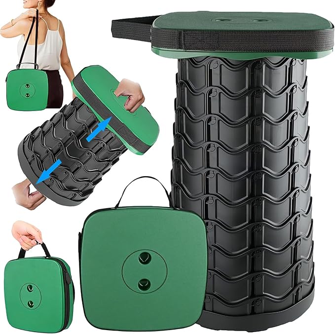 Upgraded Collapsible Stool Portable for Adults Heavy Duty 620lbs Max Weight Square Foldable Stool Thickened Telescoping Folding Seat for Camping Hiking Outdoor Travel(Square) (Green)