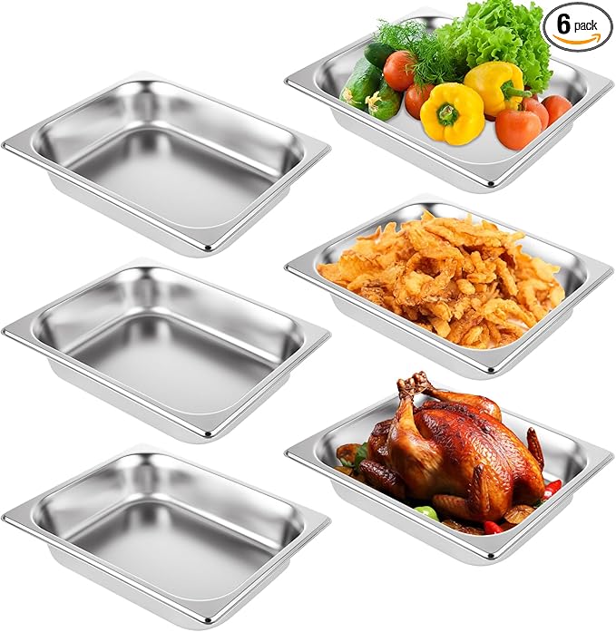 QTLCOHD 6 Pack Half Size Hotel Pans 1/2 Inch 2.5 Inch Deep Stainless Steel Steam Table Pan Commercial Food Pan for Chafing Dishes Breading Trays for Hotel Party Buffet Catering Supplies