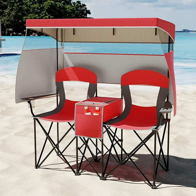 S AFSTAR Camping Chair with Canopy 2-Person Folding Beach Chair with Cup Holders 3-Side Shading Curtains &amp Cooler Bag Foldable Loveseat Lawn Chair for Camping Outdoor &amp Fishing (Red)