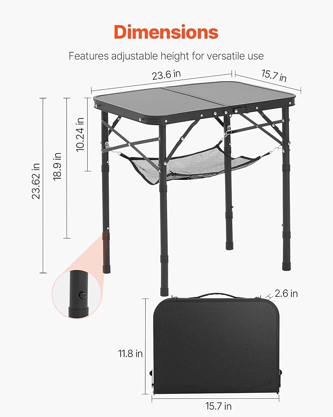 VEVOR Folding Camping Table Adjustable Height Aluminum MDF Outdoor Portable Lightweight for Cooking Beach Picnic Travel 24 x 16 inch