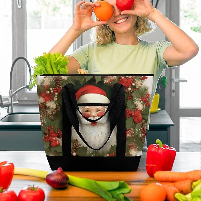 Insulated Shopping BagLarge Reusable Cooler Bags Christmas Holiday Santa Claus Wreath Printed Foldable Shopping BagTravel Waterproof Shoulder Bag