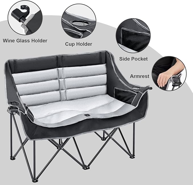 Double Camping Chair for Adults 2 Person Loveseat Camping Chair with Cup &amp Wine Glass Holder Portable Padded Double Folding Chair for Outdoor Camp Lawn Picnic Sports Support 500LBS (BLACK+GREY)