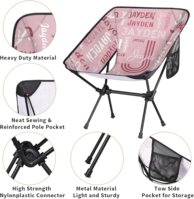 Custom Camping Chair Personalized Portable Backpacking Chair with Name Lightweight Folding Chair for Beach Hiking Peach