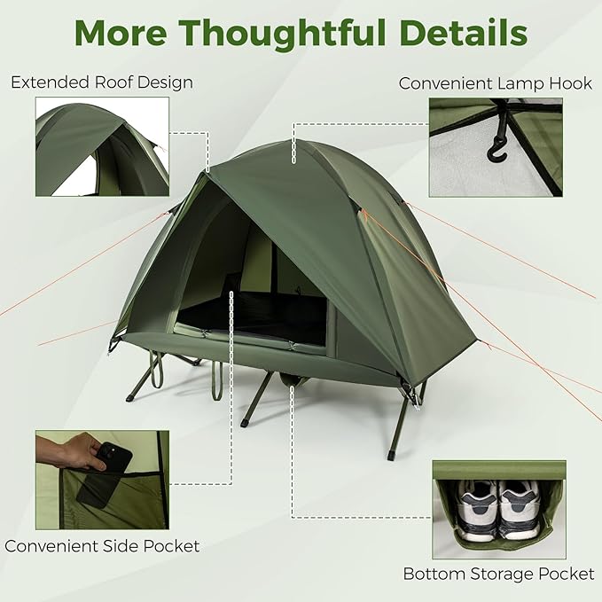 Tangkula 2 Person Tent Cot Portable Off Ground Elevated Camping Tent with Cot Removable Rainfly Wheeled Bag Stakes &amp Wind Ropes for Picnic Hiking Travel Beach