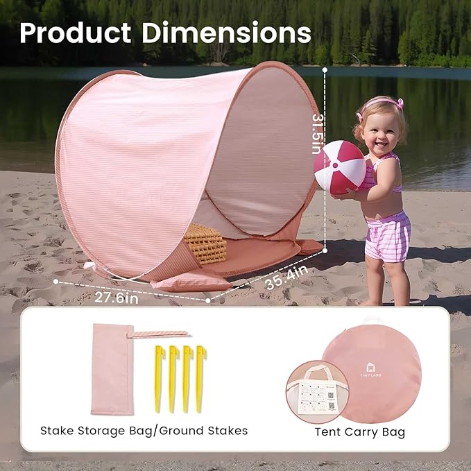 Tiny Land Baby Beach Tent – Pop Up Baby Tent with UV Protection Portable Baby Beach Essentials 35x28x32 Sun Shelter for Infants Baby Outdoor Use (Pink)