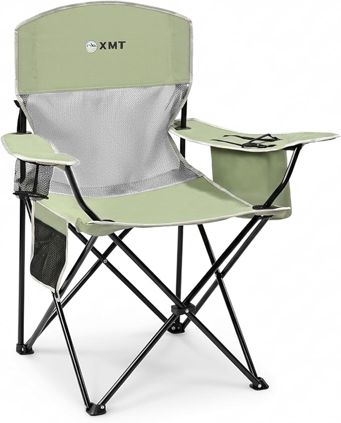 Portable Outdoor Folding Chair with Cup Holder &amp Cooler Bag - Breathable Mesh Wide Armrests Ergonomic Design for Camping Beach Backyard - Includes Storage Bag &amp Bottle Opener (Black/Green/