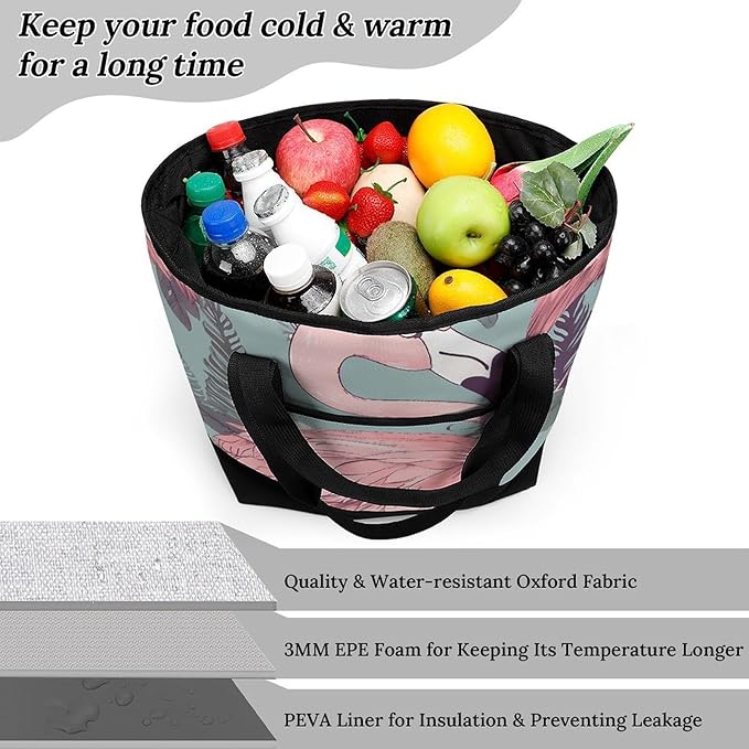 Insulated Shopping BagLarge Reusable Cooler Bags Flamingo2 Printed Foldable Shopping BagTravel Waterproof Shoulder Bag