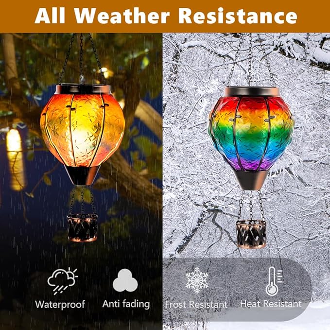 DREAMSOUL 2 PCS Rainbow Solar Hot Air Balloon Lantern with Flame Metal &amp Glass Solar Lanterns Outdoor Waterproof for Lawn Patio Tree Decor