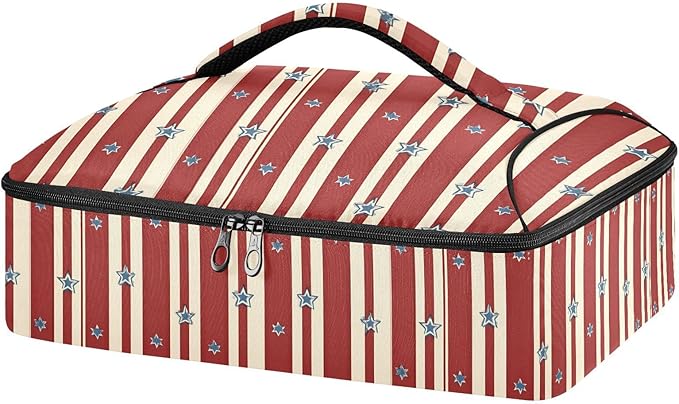 Casserole Carrier Striped Blue StarsInsulated Casserole Carrier for Hot or Cold Food Thermal Lunch Tote for Potluck Parties Picnic Beach Fits 9 x 13 Inches Baking Dish