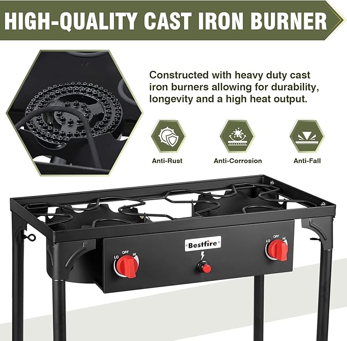 BESTFIRE 2 Burner Camping Stove150000 BTU High Pressure Outdoor Propane4ft 20 PSI Adjustable Regulator Hose With Removable Legs for Backyard Cooking Camping Home