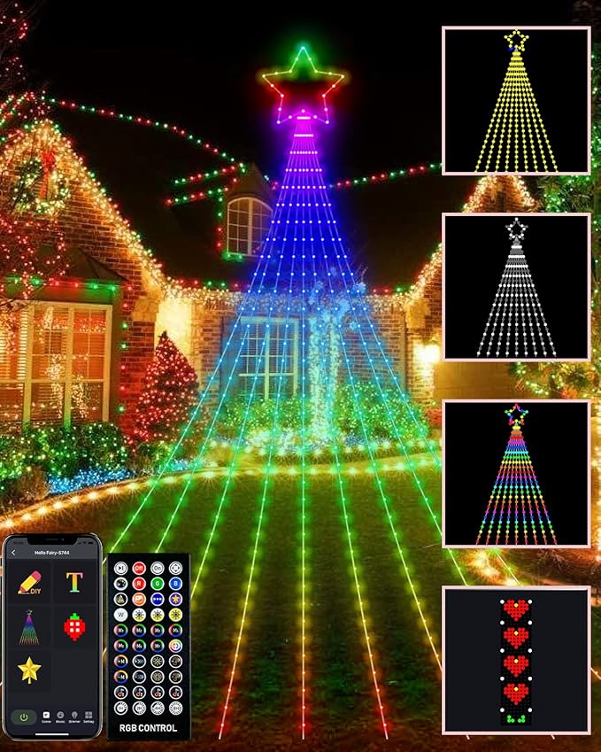 Outdoor Christmas Decorations Lights with Star Smart DIY Custom Display 11.8Ft 100 Modes Yard Waterfall Tree String Lights App Control 344LED RGB Color Changing Music Timer for Xmas Tree Lawn Decor
