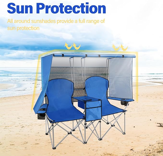 PLKO Portable Double Camping Chair with Canopy ShadeHeavy Duty Beach Chairs for AdultsFolding Beach Chair with Cooler Bag for Sports Backyard Fishing Outside（Blue）