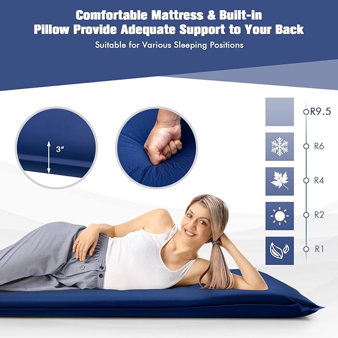 Tangkula Self Inflating Sleeping Pad 3 Inch Inflatable Camping Mattress Pad with 9.5R Value Insulated Foam Camping Mat with Pillow Lightweight Camp Sleep Pad for Backpacking Car Tent