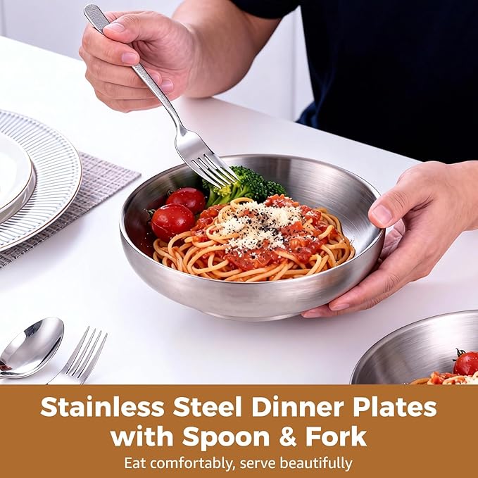 2 Pcs Stainless Steel Plates and Cutlery Set 7.9 in Dinner Plates for Camping Picnic Deepened Design Includes Spoons and Forks
