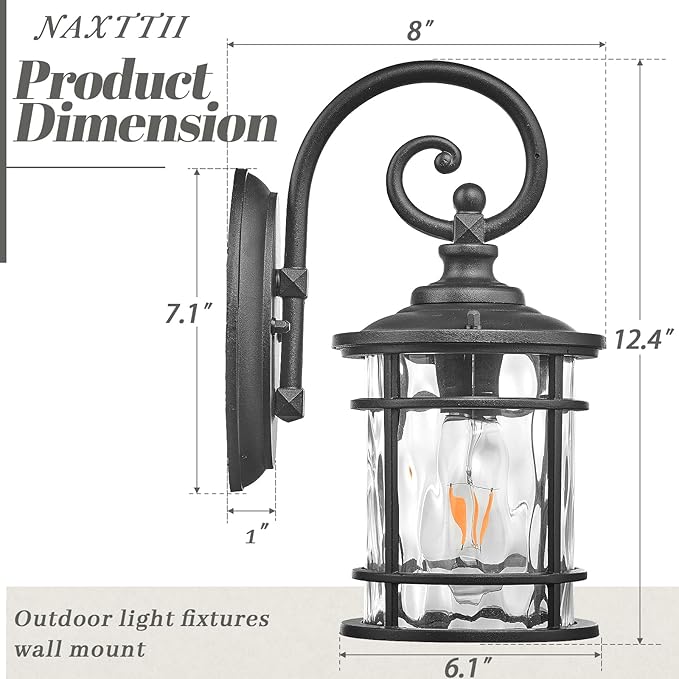 Outdoor Wall Lamps Exterior Waterproof Wall Sconce Light Fixture with Water Ripple Glass Die-Casting Aluminum Black Waterproof Wall Mount Light for Porch Garage Yards