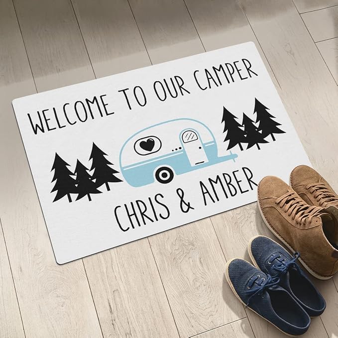 Personalized Happy Camper Doormat Camping - Custom Family Name and Rv Color Camping Door Mat RV Accessories for Inside Outside Funny Campsite Decorations for Travel Trailers 16 x 24 inches