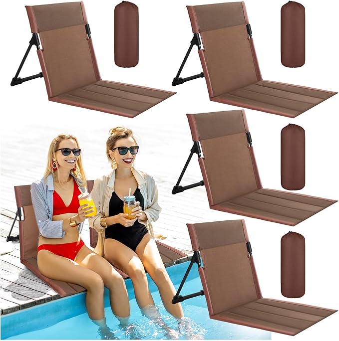 Karenhi 4 Pcs Foldable Poolside Chairs Portable Beach Chair Folding Seat for Edge of Pool Provide Back Support with Carry Bag for Adults Traveling Camping Picnic Lawn(Brown26.8 InchClassic Style)