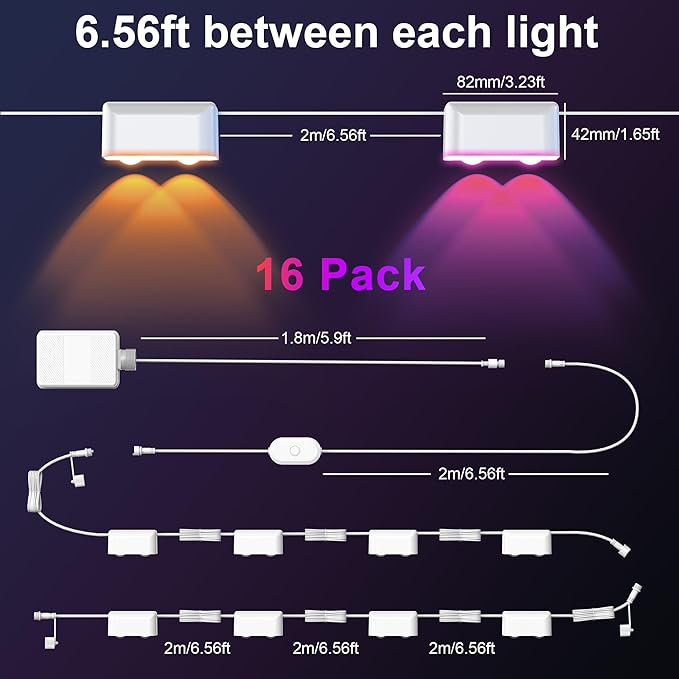 Outdoor Deck Lights 16 Lights Smart Fence Lights Compatible with Alexa &amp Google Home IP65 LED Patio Deck Lighting with Remote Fence Lighting Music Sync for Patio Yard Garden(104.8ft)