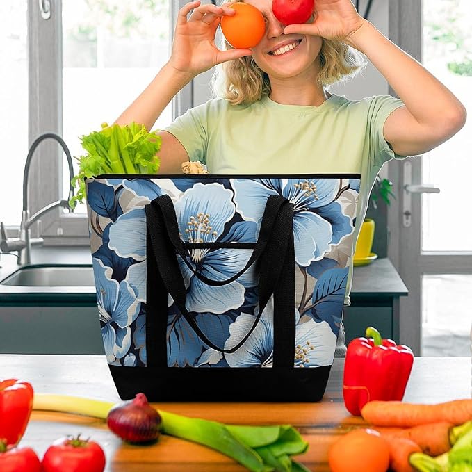 Insulated Shopping BagLarge Reusable Cooler Bags Blue Hibiscus Flower Printed Foldable Shopping BagTravel Waterproof Shoulder Bag