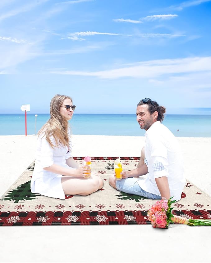 Beach Blanket Waterproof Sandproof Christmas Elk Snowflake Red Buffalo Plaid Quick Drying Beach Mat with 4 Stakes Xmas Tree Light Bulbs Retro Linen Lightweight Picnic Blanket for Travel 108x84